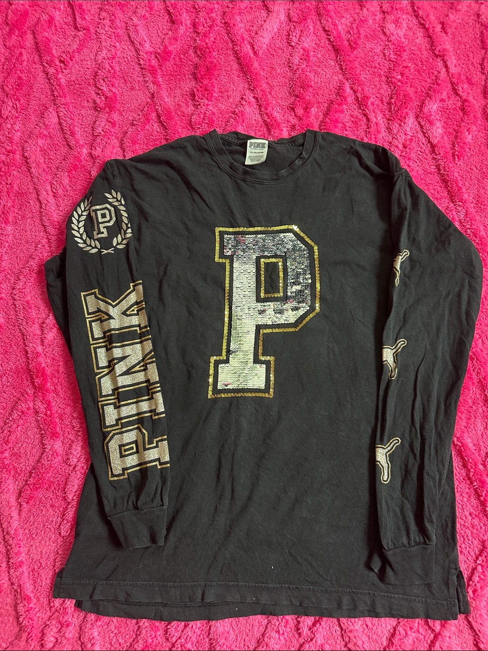 PINK Victoria's Secret Black Long Sleeve Sequin 'P' Graphic Tee
